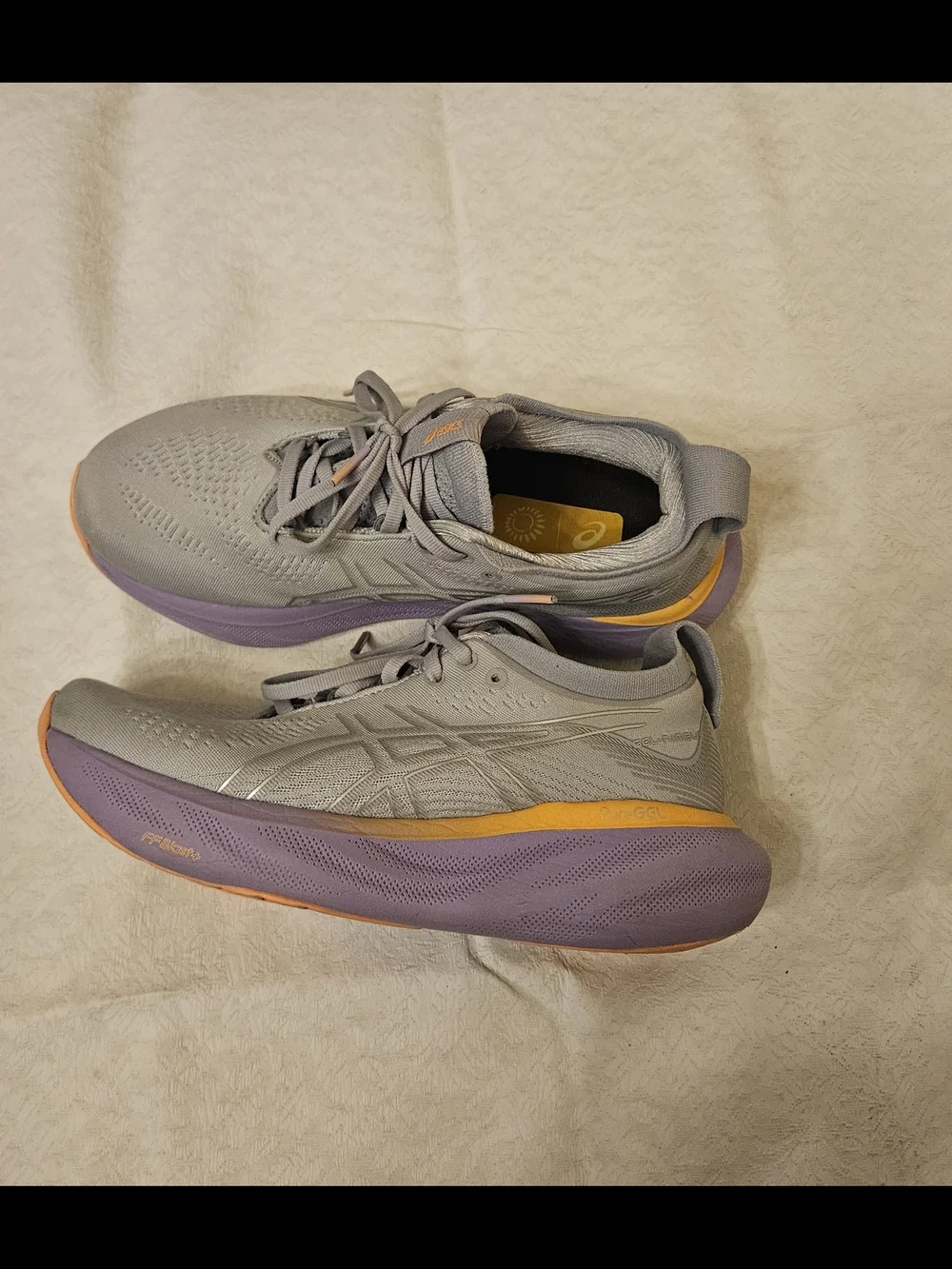 Asics Light Gray Running Shoes with Lavender Midsole and Yellow Accent - Picture 2 of 4